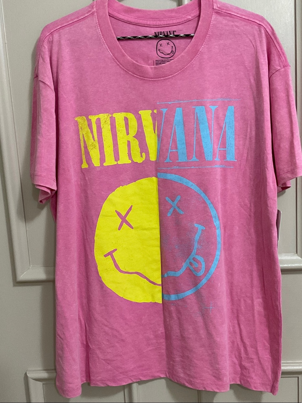 NIRVANA Pink Tee with Yellow & Light Blue Split Smiley, medium , NWT